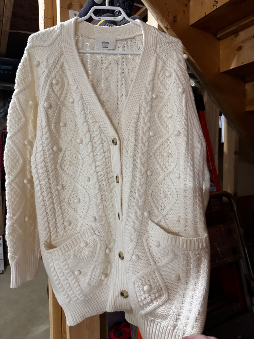 Wilfred Ivory Popcorn Cable Knit Cardigan with Pockets